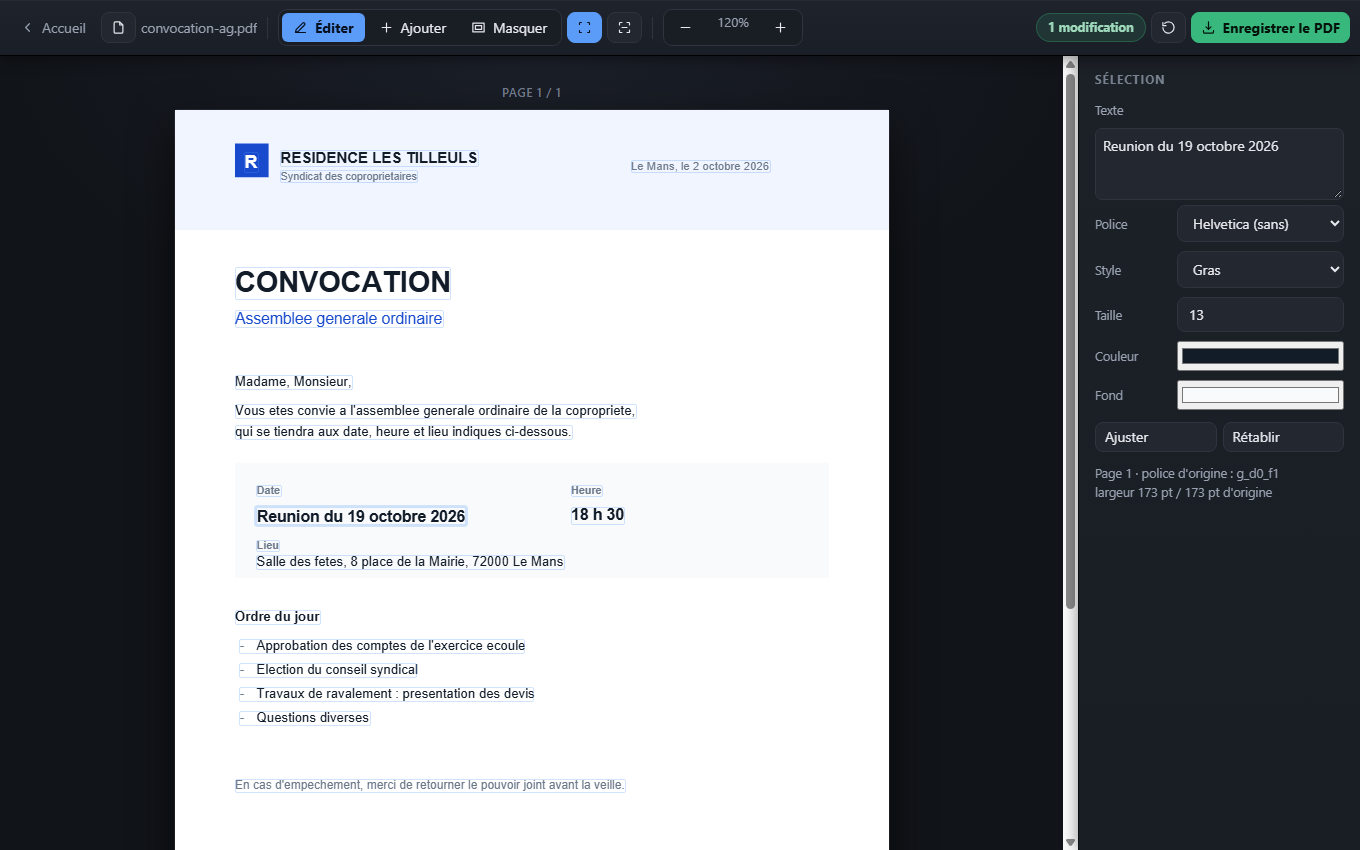 L'éditeur ouvert sur une convocation : la ligne de date est sélectionnée et vient d'être réécrite dans le document.